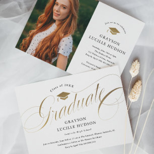 Convites Formatura Foto em Script Dourado Elegante