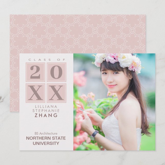 Convites Formatura | Foto Escamoteada Rosa Quadrados Modern (Frente/Verso)