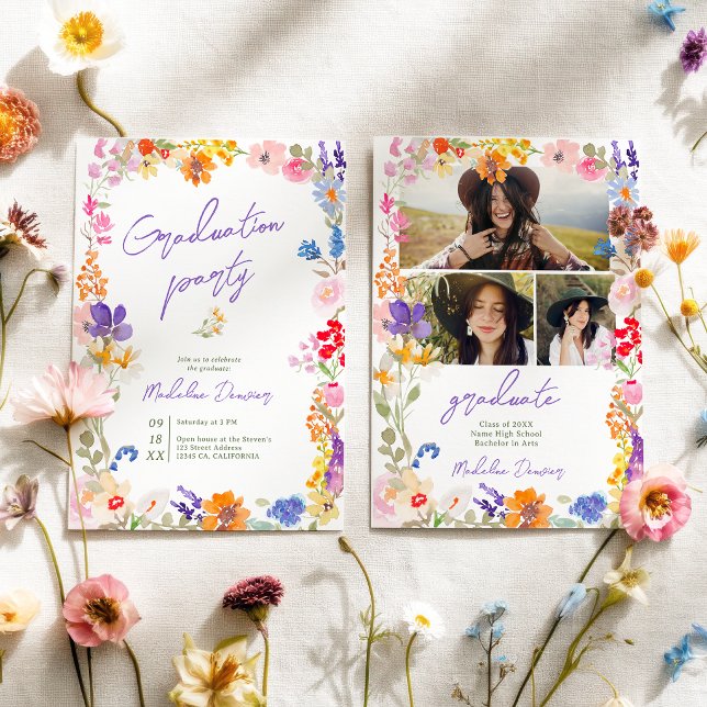 Convites Formatura Foto Flor Selvagem Brilho Boho Ousada (Bold Boho Bright Wildflower Photo Graduation Invitation)