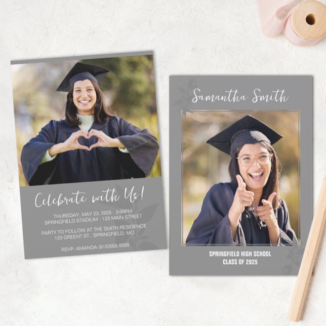 Convites Formatura Foto Moderna Cinza (Modern Graduation Announcement)
