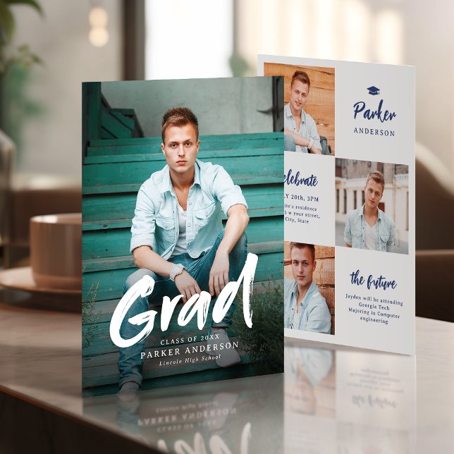 Convites Formatura Foto Script com Pincel Moderno Azul (Blue Modern Brush Script Photo Graduation Invitation)