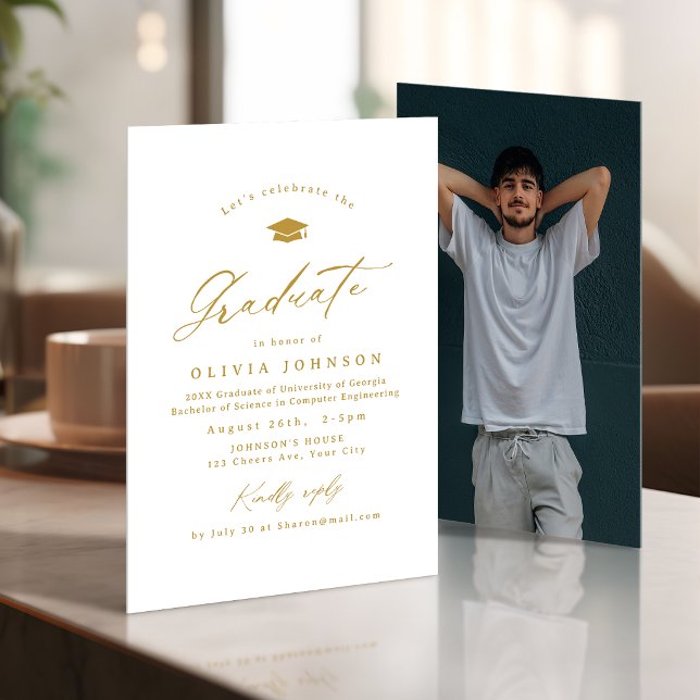 Convites Formatura Foto Simples Caligrafia Moderna Dourada (Gold Modern Calligraphy Simple Photo Graduation Invitation)