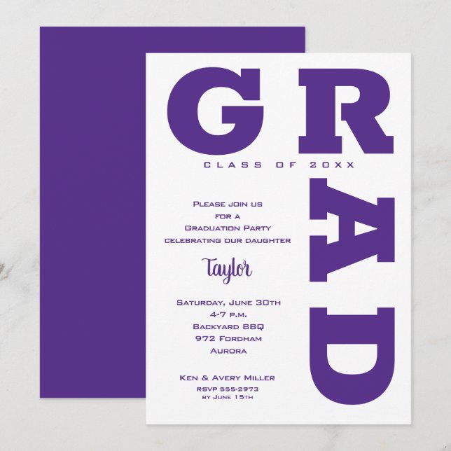 Convites Formatura GRAD Roxo e Branco em negrito (Frente/Verso)