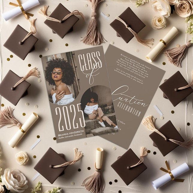 Convites Formatura Marrom Neutro com Fotos Arqueadas (Neutral Brown Graduation Photo Invitation)