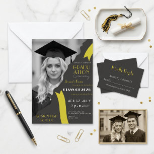 Convites 🎓 Formatura Moderna Preta e Amarela do Ensino Méd