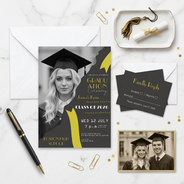 Convites 🎓 Formatura Moderna Preta e Amarela do Ensino Méd (Criador carregado)
