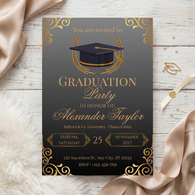 Convites Formatura Preto e Dourado Elegante (Criador carregado)