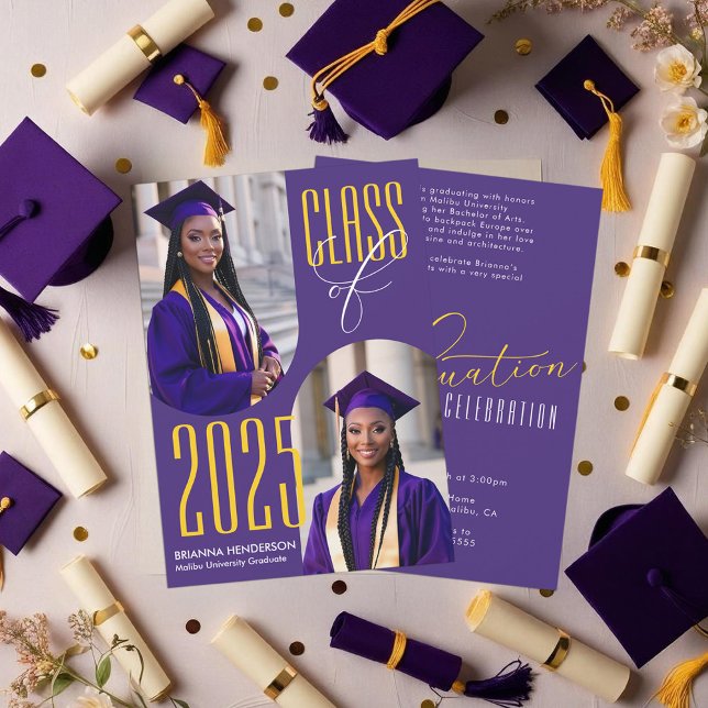 Convites Formatura Roxa e Amarela com Fotos em Arco (Purple and Yellow Gold Graduation Invitation)