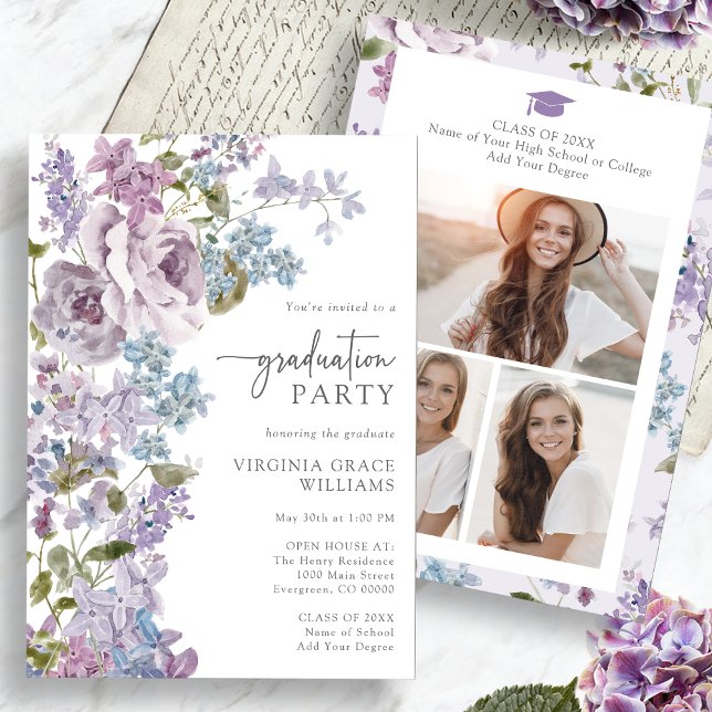 Convites Formatura Roxo Floral (Watercolor Floral Purple Lilac Graduation Invitation Pictures on back by Painted Paperie
)