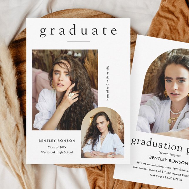 Convites Formatura Simples Moderna 3 Fotos (Modern minimal 3 photo graduation invitations with arch photos.)