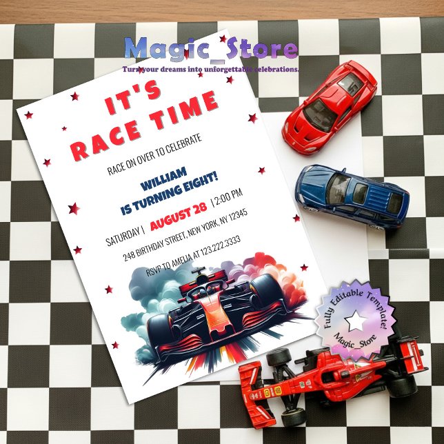 Convites Formula Race Car Red Smoke Stars F1 Birthday (Criador carregado)