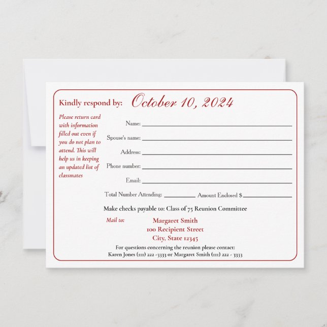 Convites Formulário de Resposta de Reunião de Classe de Fai (Frente)