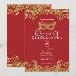Convites Fortune Vermelho Lace Dourado Máscara 15 Quinceañe
