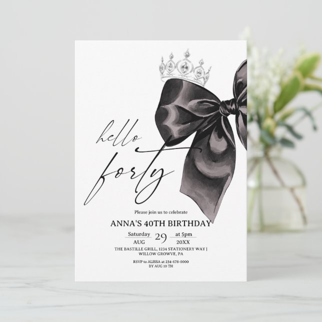 Convites Forty Black Bow 40th Birthday Invitation (Em pé/Frente)