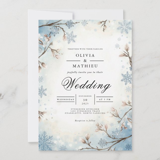 Convites Fosco Ramifica Casamento no inverno azul (Frente)