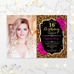 Convites Foto 16ª Festa de aniversário rosa Dourada Leopard<br><div class="desc">Leopard imprimiu 16º convite de aniversário com sua foto. Apresenta padrão de chita,  fonte de script,  rosas fuchsia e confetti. Design branco-preto clássico,  cor-de-rosa,  com ouro falso brilhante. Perfeito para uma elegante impressão animal doce,  16 dias de festa.</div>