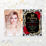 Convites Foto 16ª Festa de aniversário Vermelha Dourada Dam<br><div class="desc">16º convite de aniversário com sua foto. Apresenta damask,  script font,  rosa vermelha e confetti. Design vermelho preto clássico com ouro brilhante. Perfeito para uma elegante e doce celebração de 16 dias.</div>