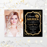 Convites Foto: 16 Aniversário - Beijo Preto Dourado<br><div class="desc">Foto Doce 16 Aniversário. Doce dezesseis convites de aniversário com sua foto. Possui fonte de script,  lábios beijam e confetti. Design preto clássico com ouro brilhante falso. Perfeito para uma elegante festa de 16 dias de glama.</div>