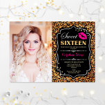 Convites Foto: 16 Aniversário - Pink Kiss Leopard Print<br><div class="desc">Foto: 16 Aniversário - beijo rosa quente fuchsia. Convite para impressão de leopardo. Doce dezesseis convites de aniversário com sua foto. Possui impressão leopardo,  fonte de script,  lábios beijam e confetti. Design de tema animal clássico com ouro brilhante falso. Perfeito para uma elegante festa de 16 dias.</div>