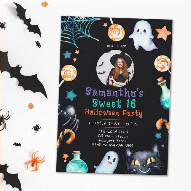 Convites Foto 16 do Ghost Black Candy Frame 16 do Halloween (sweet 16 halloween photo invite for girls black orange candy ghosts fun elegant cute sweet girly )