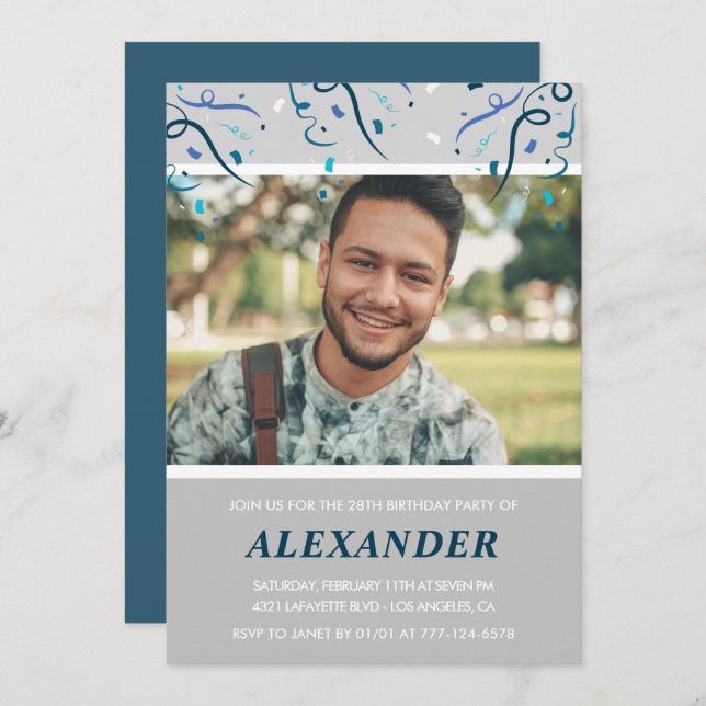 Convites Foto: 28 anos convida-o Blue Confetti (Frente/Verso)