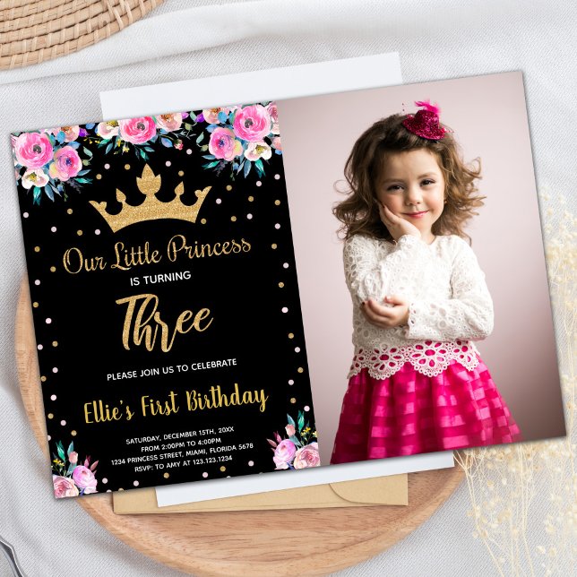 Convites Foto: 3º Aniversário da Coroa Floral (Photo 3rd Floral Crown Glitter Princess Birthday Invitation)