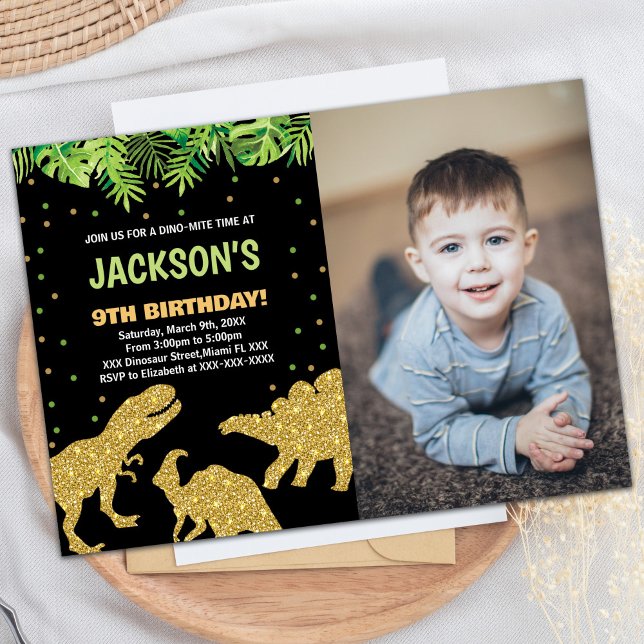 Convites Foto 3 Dino Black Glitter Dinosaur Aniversário (Photo 3 Dino Black Glitter Dinosaur Birthday Invitation)