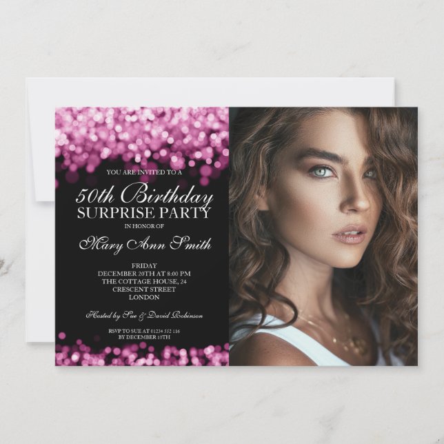 Convites FOTO 50ª Luzes Douradas de Aniversário Surpresa (Frente)