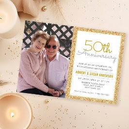Convites Foto 50º Aniversário de Casamento Brilho Dourado F