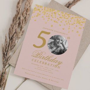 Convites Foto 50º aniversário Dourado Confetti Blush Pink