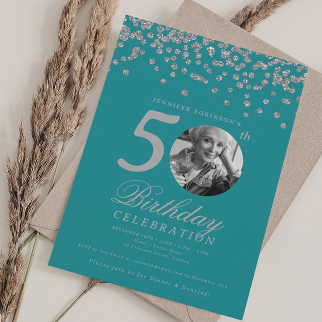 Convites Foto 50º Aniversário Prata Confetti Turquoise (Photo 50th Birthday Silver Confetti Turquoise Invitation)