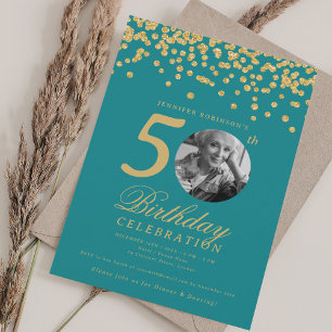 Convites Foto 50th Birthday Dourado Confetti Turquoise