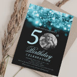 Convites Foto 50th Birthday Turquoise Midnight Glam<br><div class="desc">Um elegante design "50º Aniversário" com fotografia personalizada,  tipografia moderna e uma corda iluminando o fundo.</div>