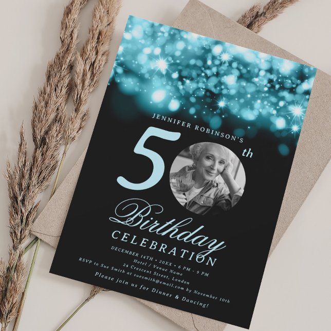 Convites Foto 50th Birthday Turquoise Midnight Glam (Criador carregado)