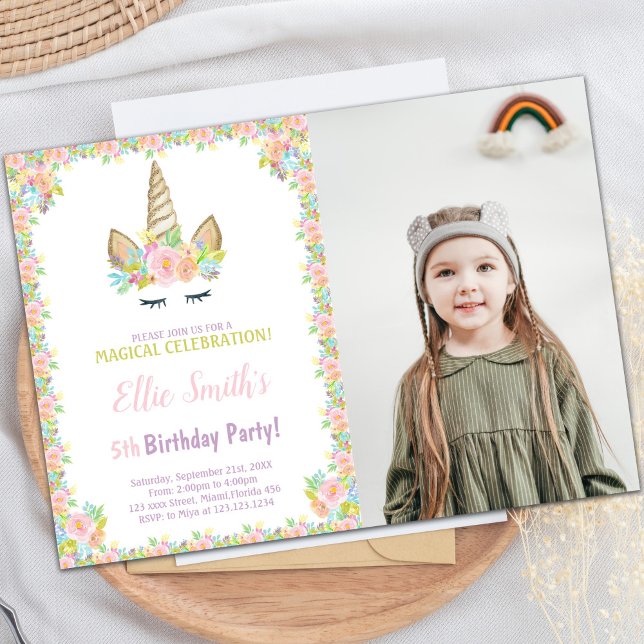 Convites Foto 5 Birthday Unicorn Invtions (Photo 5th Birthday Unicorn Invitations)