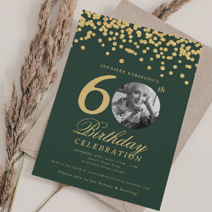 Convites Foto 60th Birthday Dourada Glitter Confetti Green