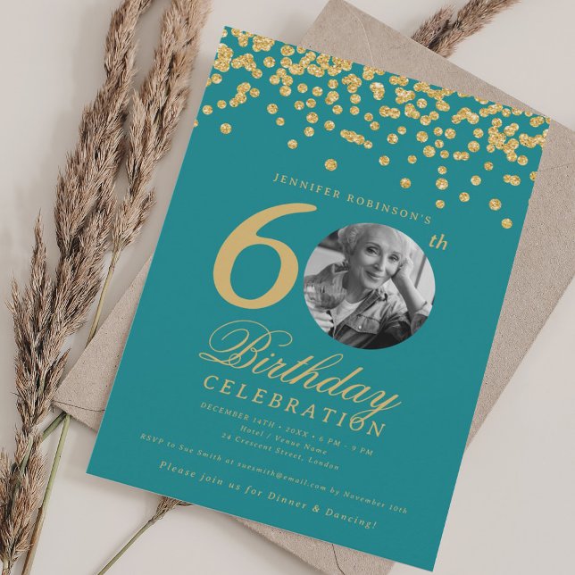Convites Foto 60th Birthday Dourado Confetti Turquoise (Photo 60th Birthday Gold Confetti Turquoise Invitation)