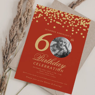 Convites Foto 60th Birthday Dourado Glitter Confetti Red