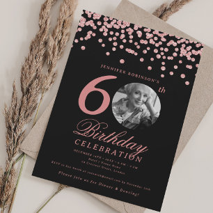 Convites Foto 60th Birthday Rosa Dourado Confetti Black