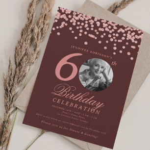 Convites Foto 60th Birthday Rosa Dourado Confetti Burgundy