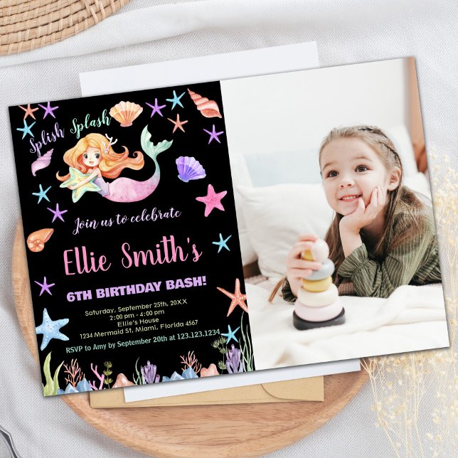 Convites Foto 6 rosa sob o mar Sereia Aniversário (Photo 6th Pink Under the sea Mermaid Birthday Invitation)