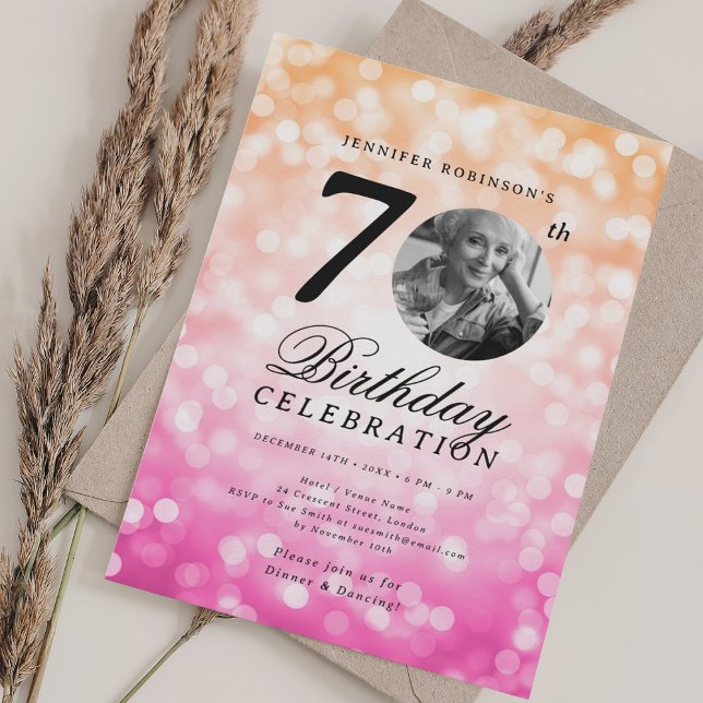 Convites Foto 70 Birthday Orange Pink Bokeh (Photo 70th Birthday Orange Pink Ombre Bokeh Invitation)