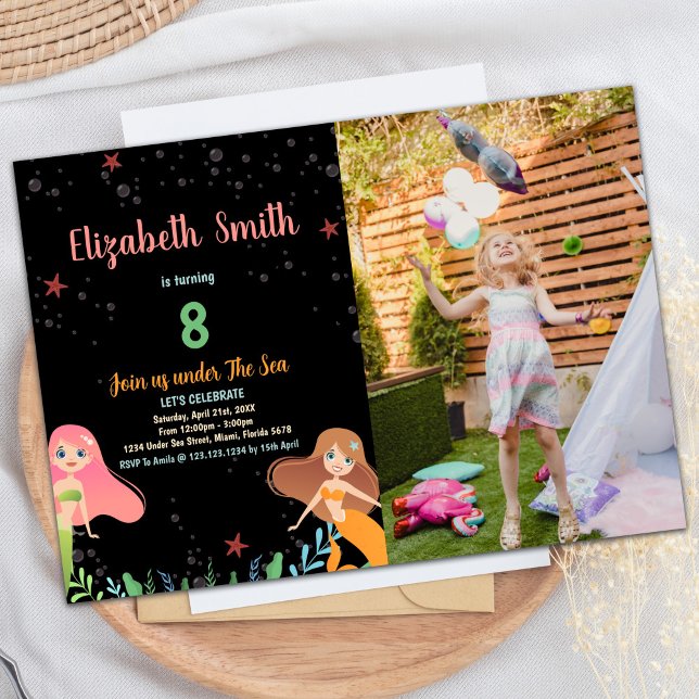 Convites Foto 8th Black Mermaid Birthday Invtions (Photo 8th Black Mermaid Birthday Invitations)