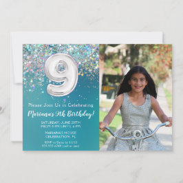 Convites Foto 9º aniversário do Teal Silver Glitter