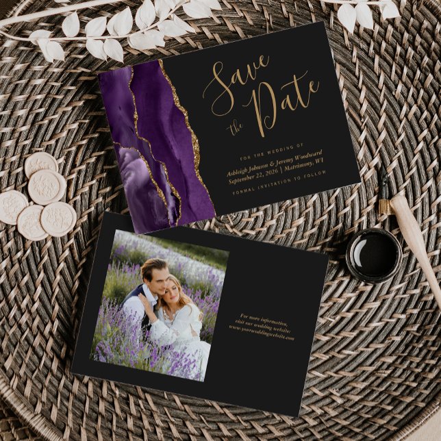 Convites Foto Ágata Dourada Roxa Casamento Save the Date Es (Criador carregado)