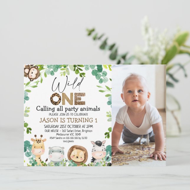 Convites Foto: Animais Verdes Safari Selvagem Um primeiro a (Em pé/Frente)