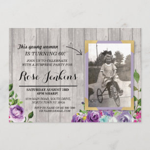 Convites Foto: Aniversário da Floral Rustic Wood Purple Inv