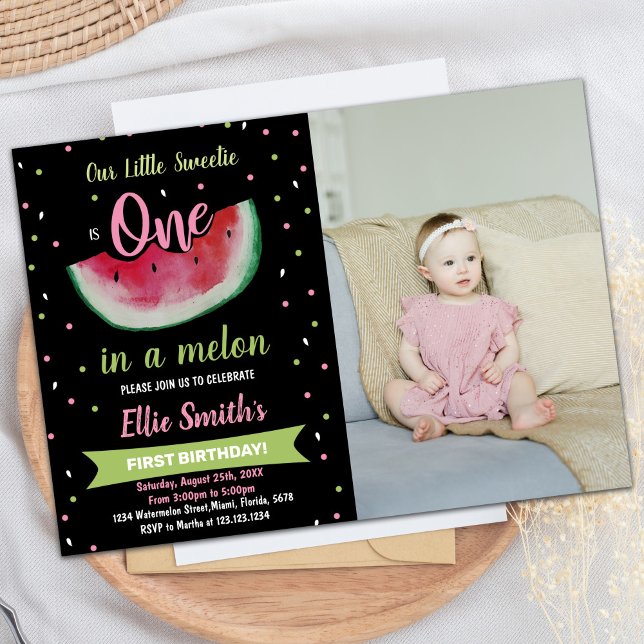 Convites Foto: Aniversário da Melancia Verde Negra rua (Photo 1st Black Green Watermelon Birthday Invitation)