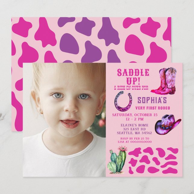 Convites Foto: Aniversário da Moça Ocidental Rosa Rodeo Rap (Frente/Verso)