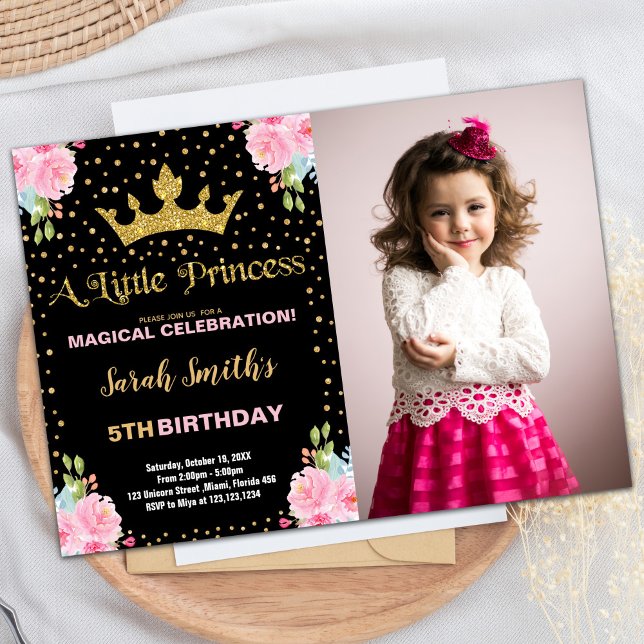 Convites Foto: Aniversário da Princesa Princesa Negra (Photo Black Glitter Crown Princess Birthday Invitation)